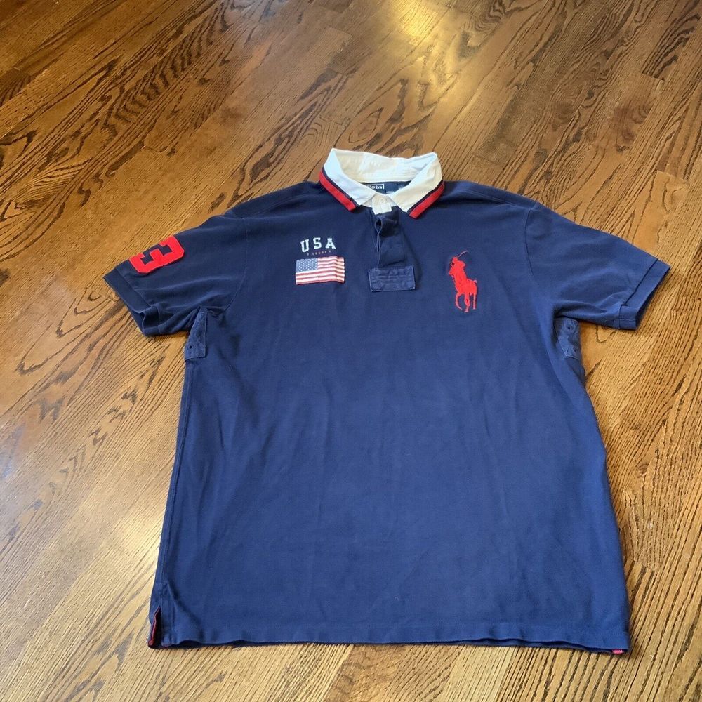 Ralph Lauren Polo United States Flag Big Pony‎ Blue Shirt USA Mens XL